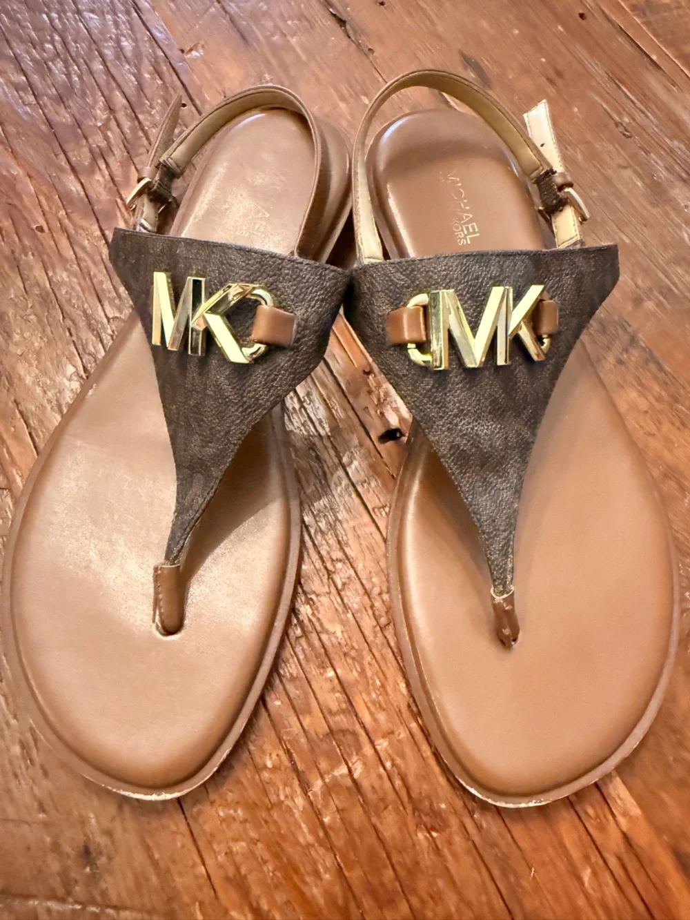 Michael Kors Brown and Gold Logo Sandals